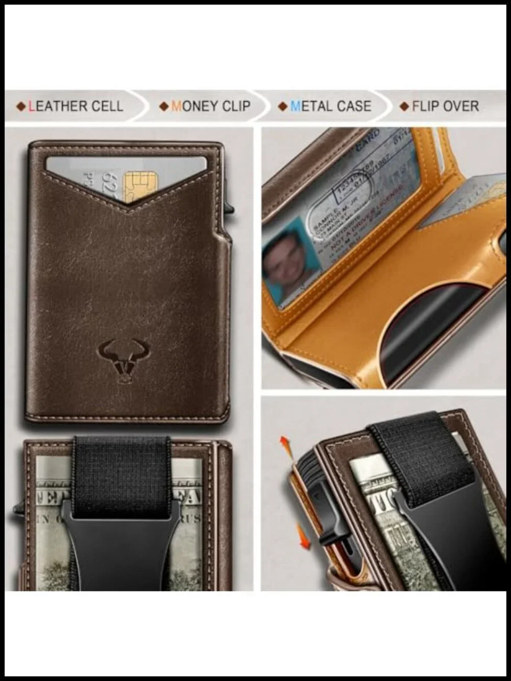 Men's Slim Leather Wallet with RFID Blocking & Money Clip, Pop-up Access